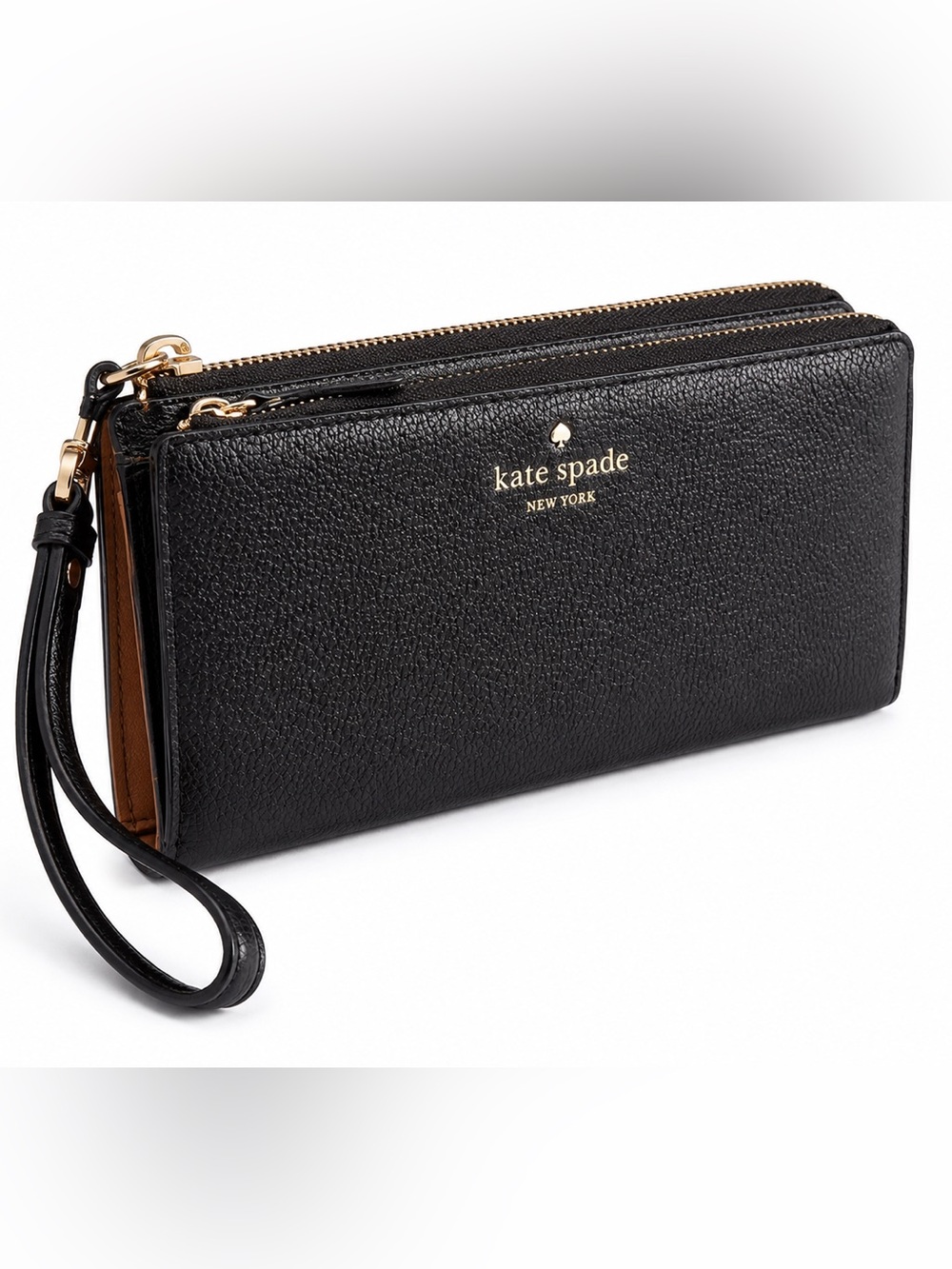 Kate Spade New York Black Pebbled Leather Wristlet Wallet Gold Tone Zip Around - Picture 2 of 11